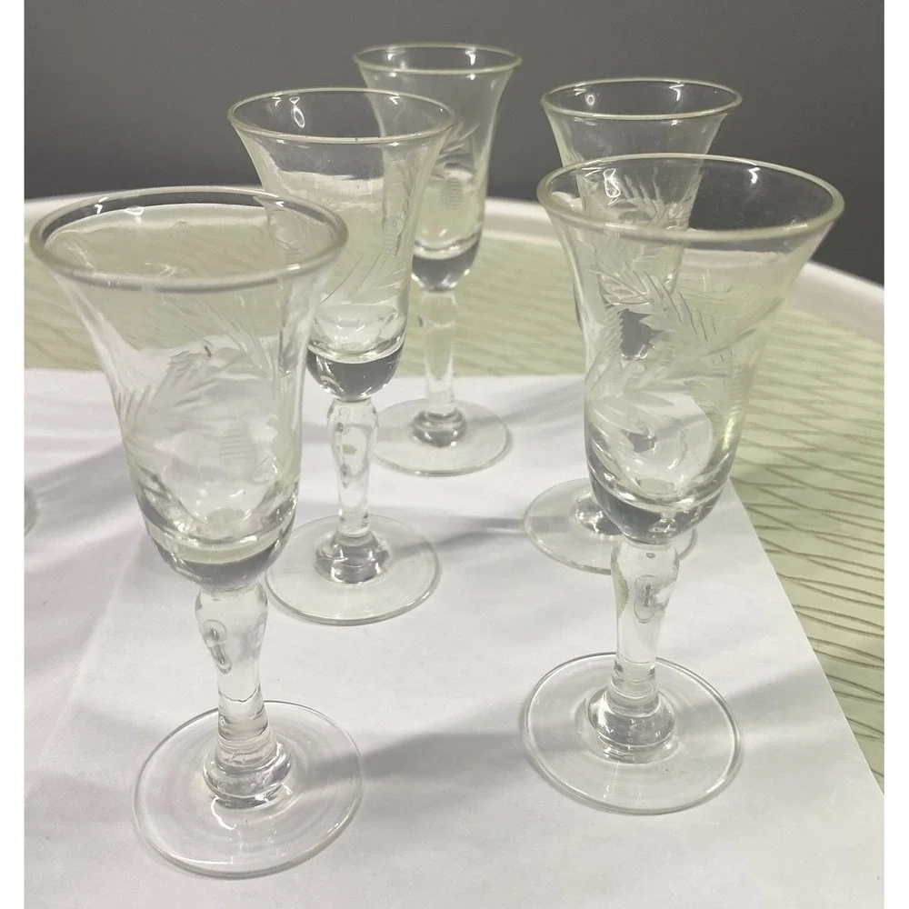 Set Of 5 Etched Elegant Berry Leaf Cordial Glasses&2 Plain Liqueur All Footed 4